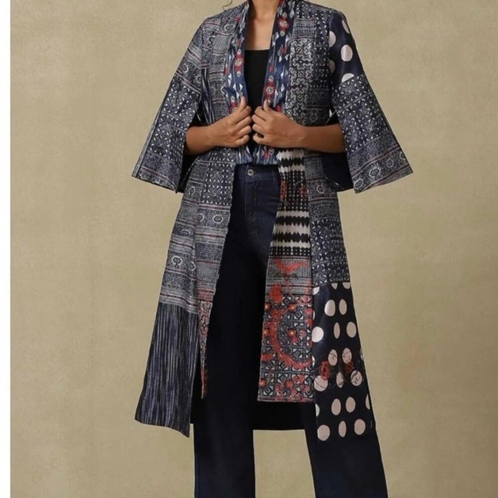 Soft Surroundings blue‎ floral embroidered patchwork style kimono jacket Small